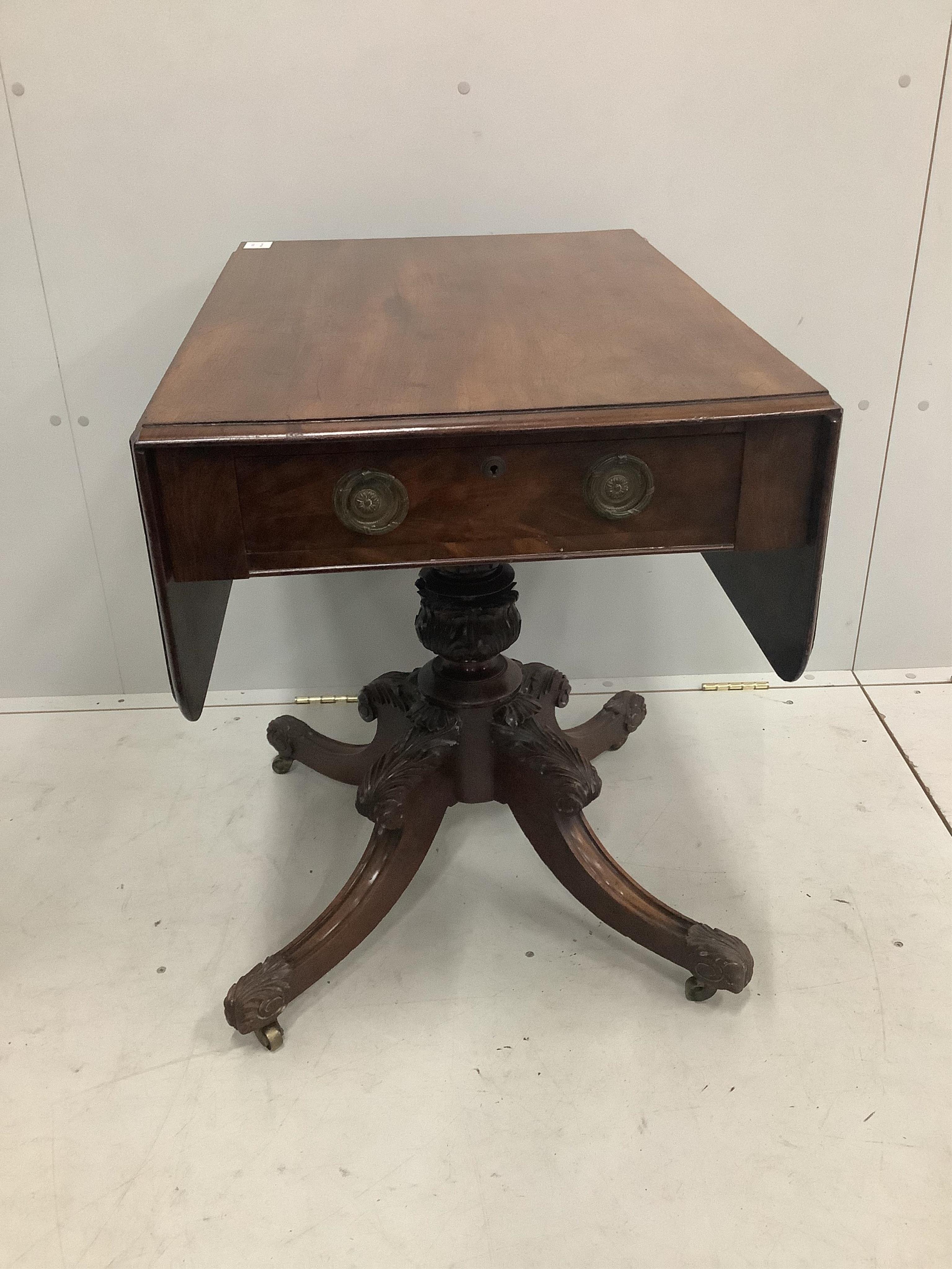 A small late Regency mahogany Pembroke table, width 76cm, depth 52cm, height 74cm. Condition - fair to good